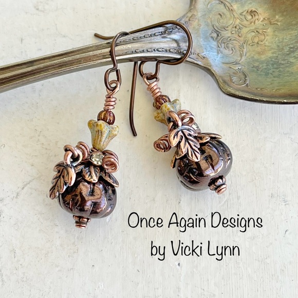 Hand Crafted “Midnight Pumpkin” Dangle Earrings - Picture 1 of 12